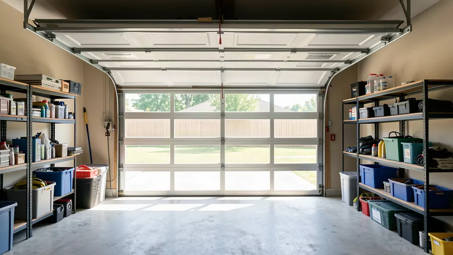 Interior view of an insulated sectional garage door part open, showing thick horizontal panels